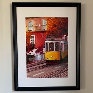 Original Framed Hand Painted Lisbon, Portugal Orange & Gold Tram Art